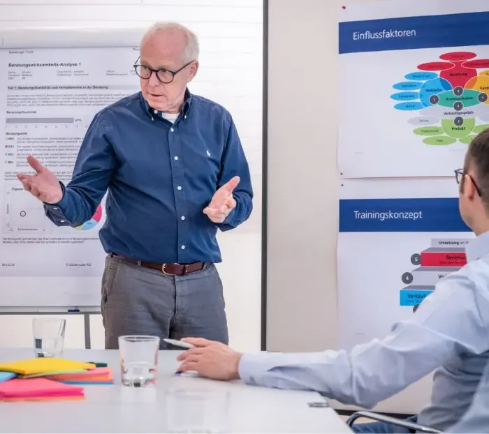 A man gives a presentation to his team.