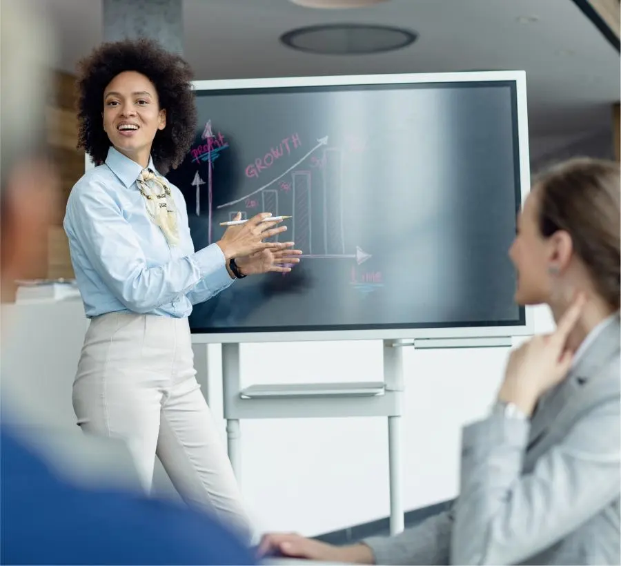 A woman gives a presentation to her team.